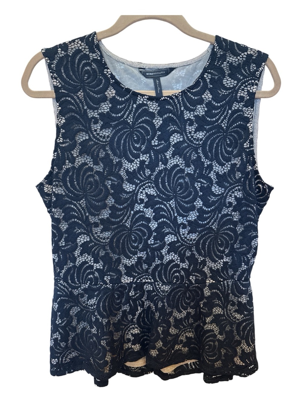 BCBGMAXAZRIA Black Lace Sleeveless Peplum Top
